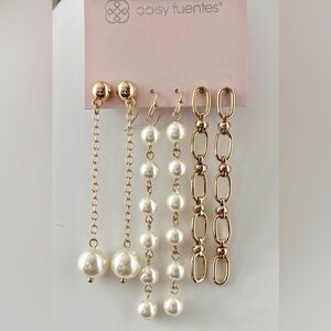 Daisy Fuentes 3 pk. Goldtone chains,pearl like,post & fishhook dangle earrings
